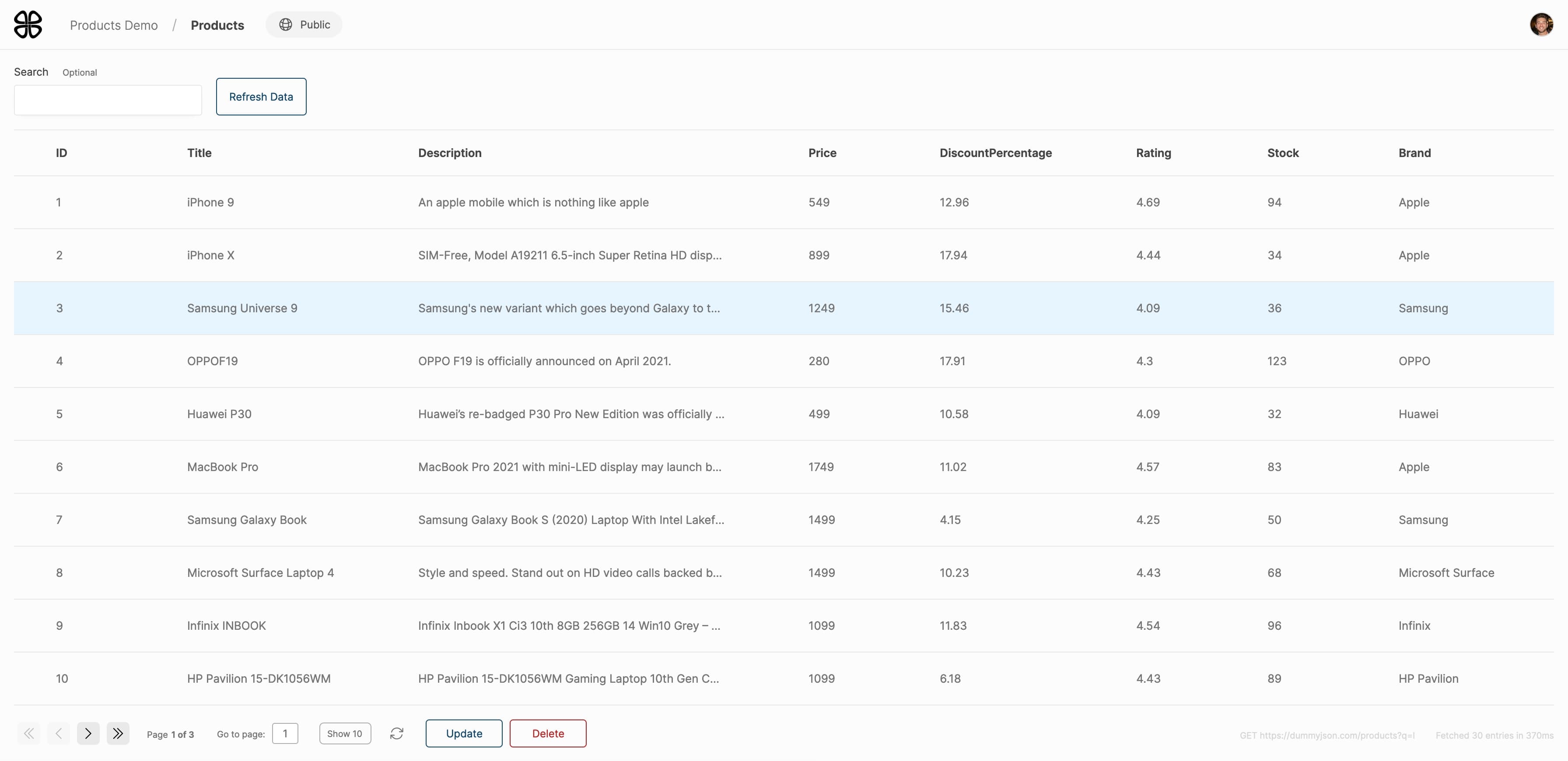 Screenshot of Interweave interface showing a table of values, actions, and details about data.